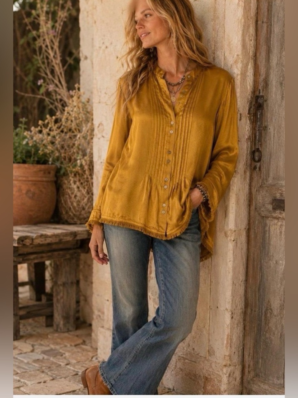 Sundance Delphine Highland Gold 100% Silk Pleated Frayed Tunic Blouse Small NWOT